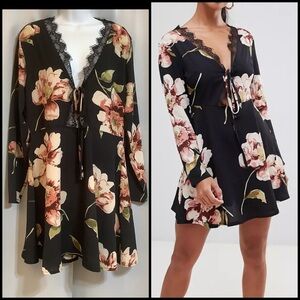 Missguided Dress Women’s Size 12 NWOT Floral Deep V With Tie